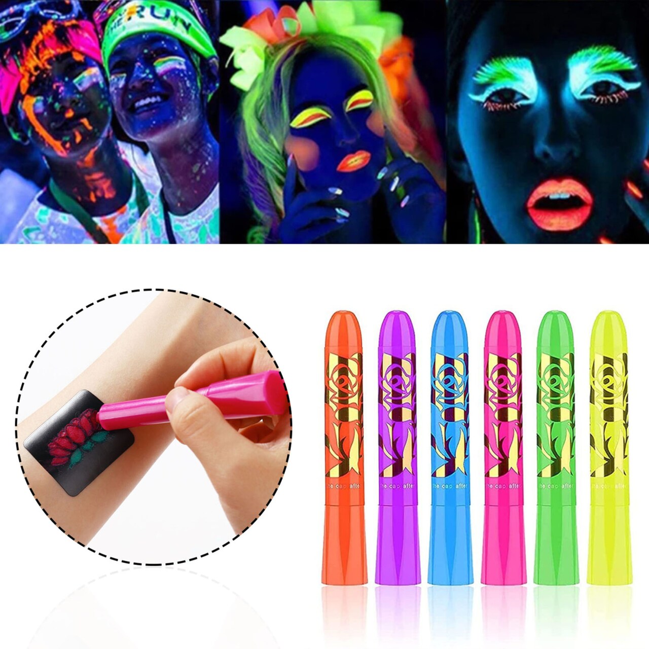 6Pcs 5G Face Paint Crayon Glow In Dark Uv Blacklight Fluorescent Water-Based Paint Stick Kids Adults Party Cosplay